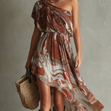 Caoimhe - Boho One-shoulder Irregular Marble Abstract Print Midi Dress