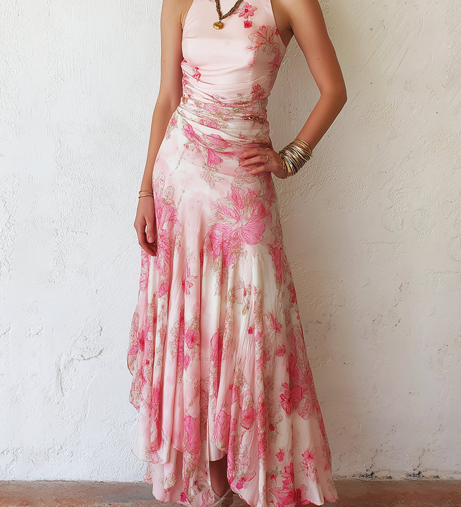 Gormlaith - Pink Floral Pleated Print Sleeveless Midi Dress
