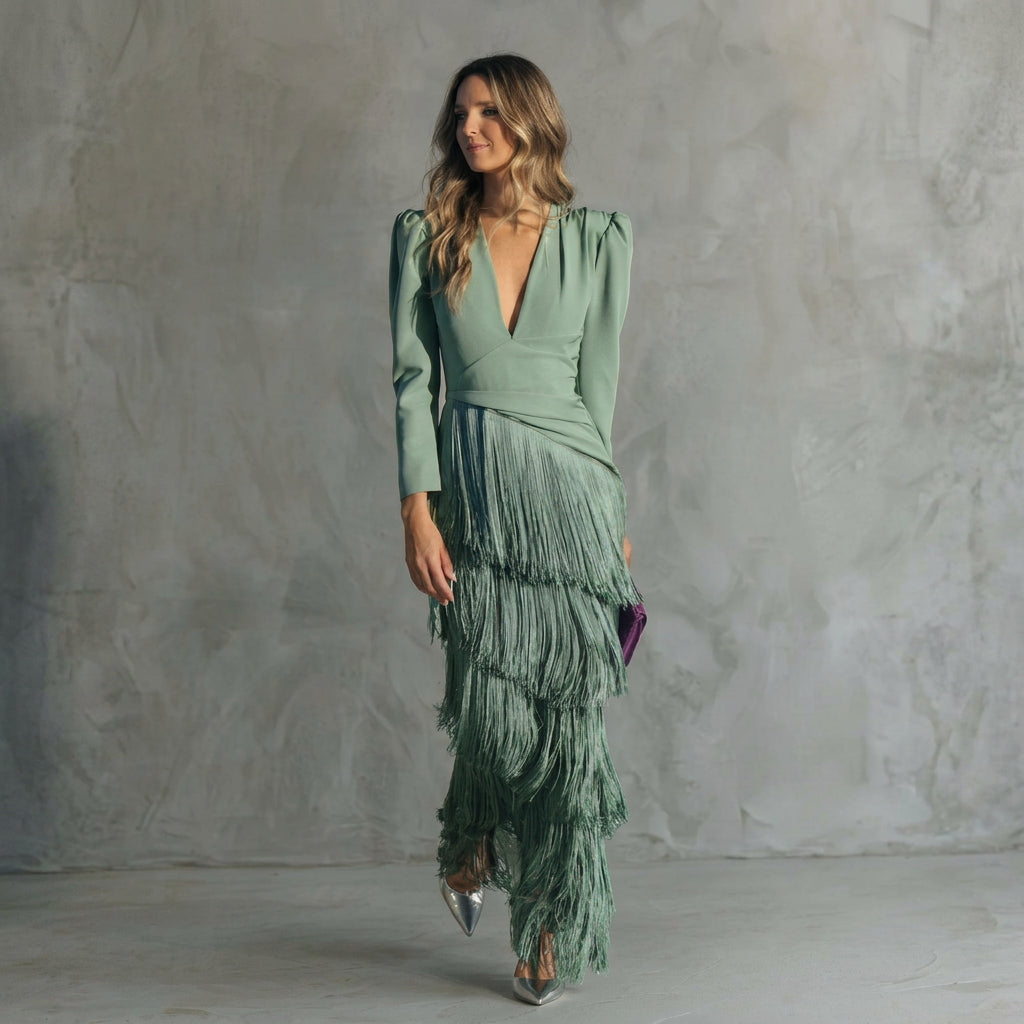 Clíona - Long Fringe Dress with V-Neck