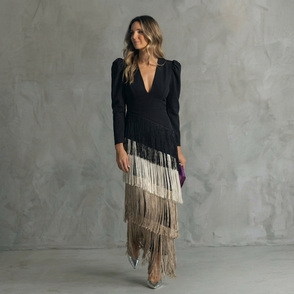 Clíona - Long Fringe Dress with V-Neck