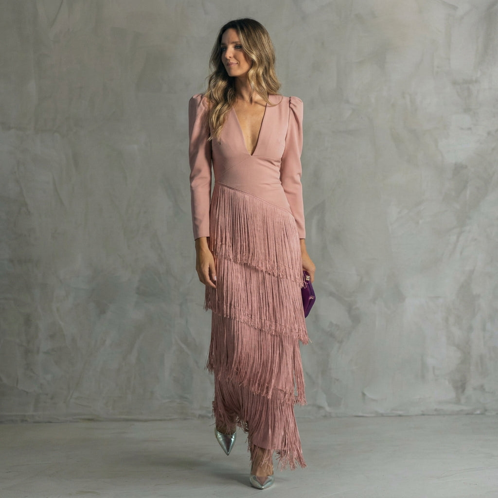 Clíona - Long Fringe Dress with V-Neck