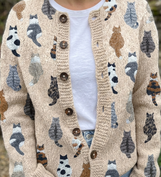 Orlagh - Cozy Cat Print Button Cardigan
