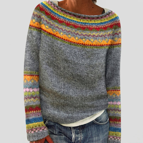 Gráinne - Grey Vintage Jumper with Multicoloured Yoke
