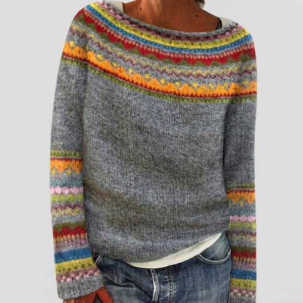 Gráinne - Grey Vintage Jumper with Multicoloured Yoke