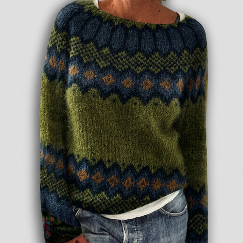 Muirne - Olive Vintage Jumper with Nordic Bands