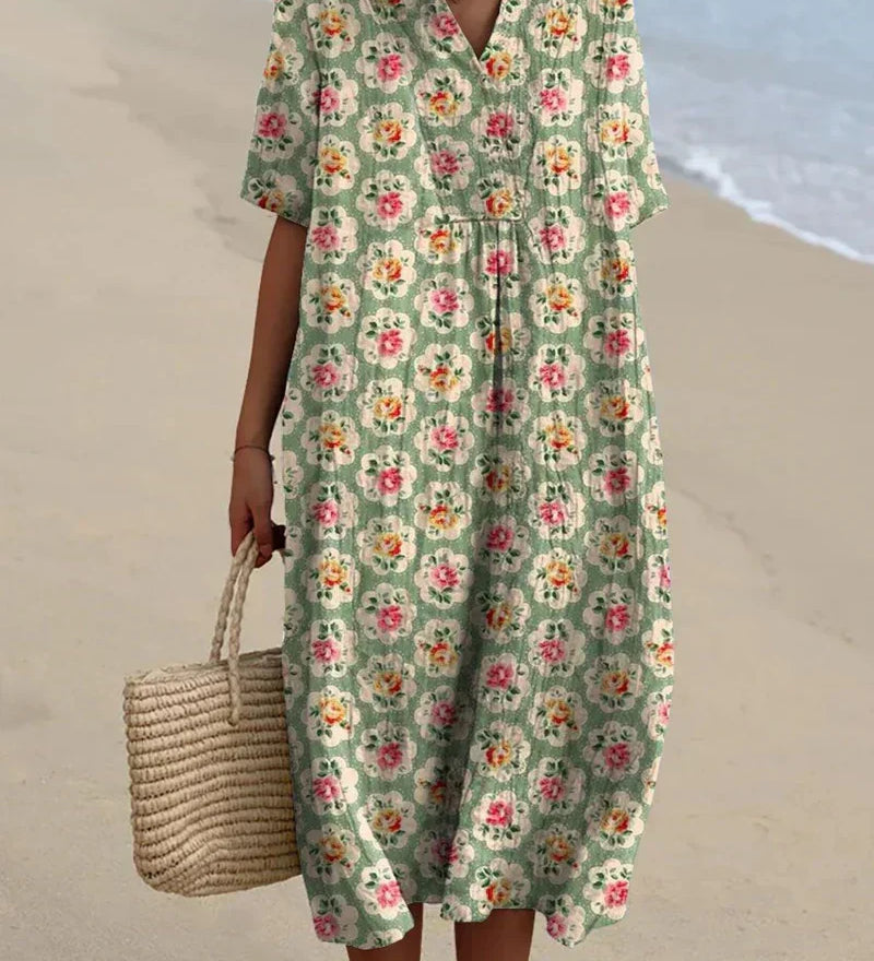 Gormlaith - Retro Floral Dress in Aqua Green